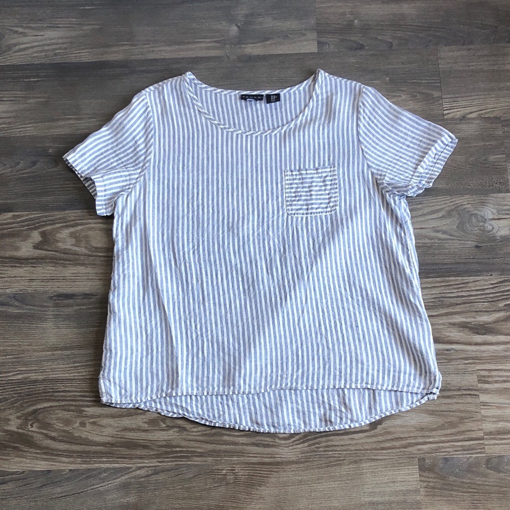 Tahari Linen Stripe Short Sleeve Shirt Top Medium